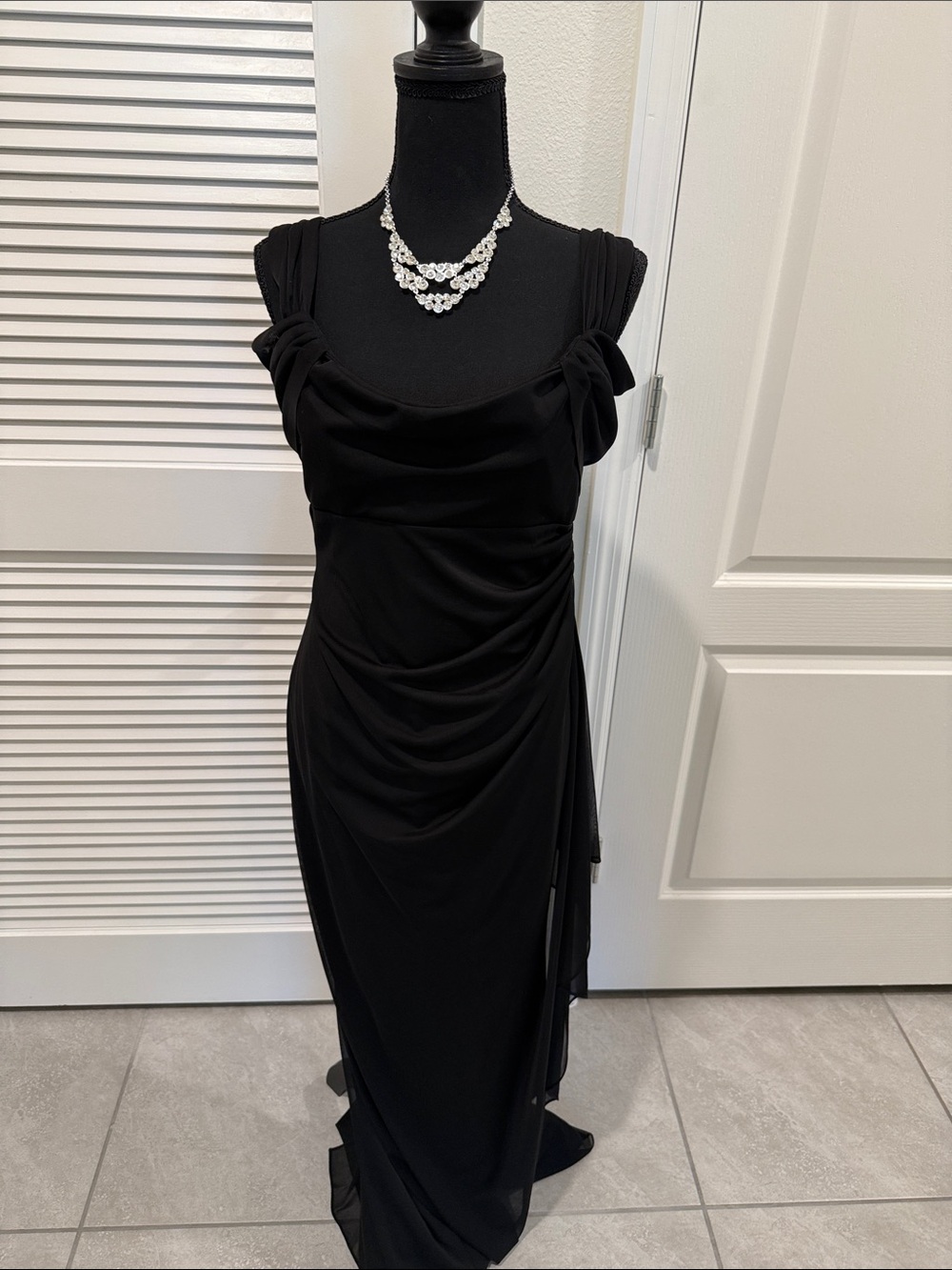 Classic Black Full Length Evening Dress with Draped Neckline